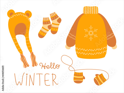 Set of winter warm clothes with handwritten text. Vector illustration for stickers, design, decoration