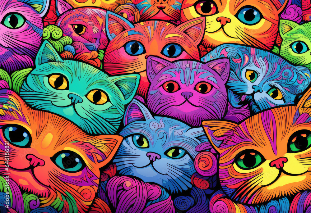 Lots of brightly drawn cat faces all over the screen. Background for a pet store. Funny cartoon kittens. The illustration can be used for fabric, packaging, card, postcard, print or cover.