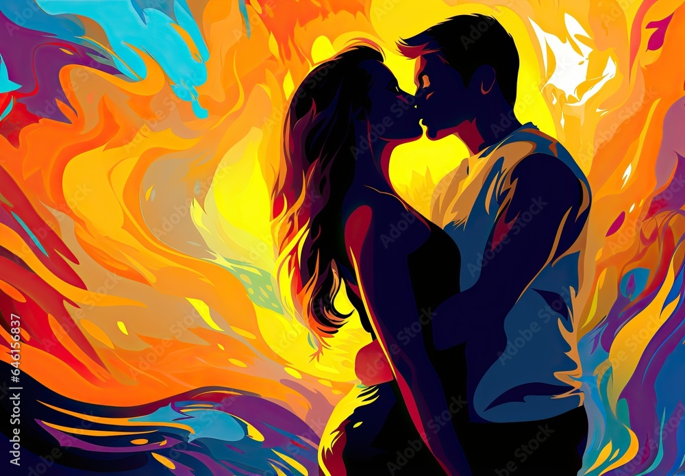 Passionate kiss between charming handsome lovers. Colorfull image of loving couple. Cropped close up profile. Digital art in brush stroke style. Illustration for cover, card, interior design or print. - obrazy, fototapety, plakaty 