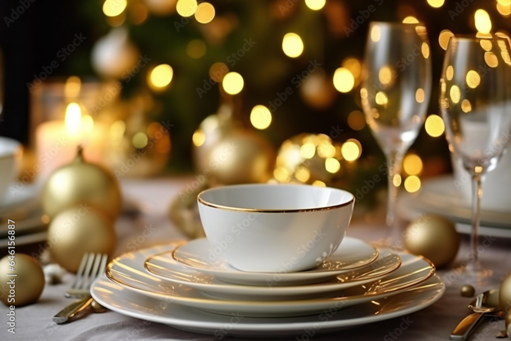 Fototapeta premium Empty plates on the Christmas table, background of the Christmas tree