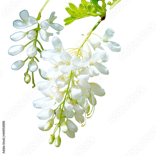 Small white flowers and buds of Indian Acacia with green leaves in the background Also known as mimosa acacia thorntree or wattle it is a diverse genus of plants transparent background photo