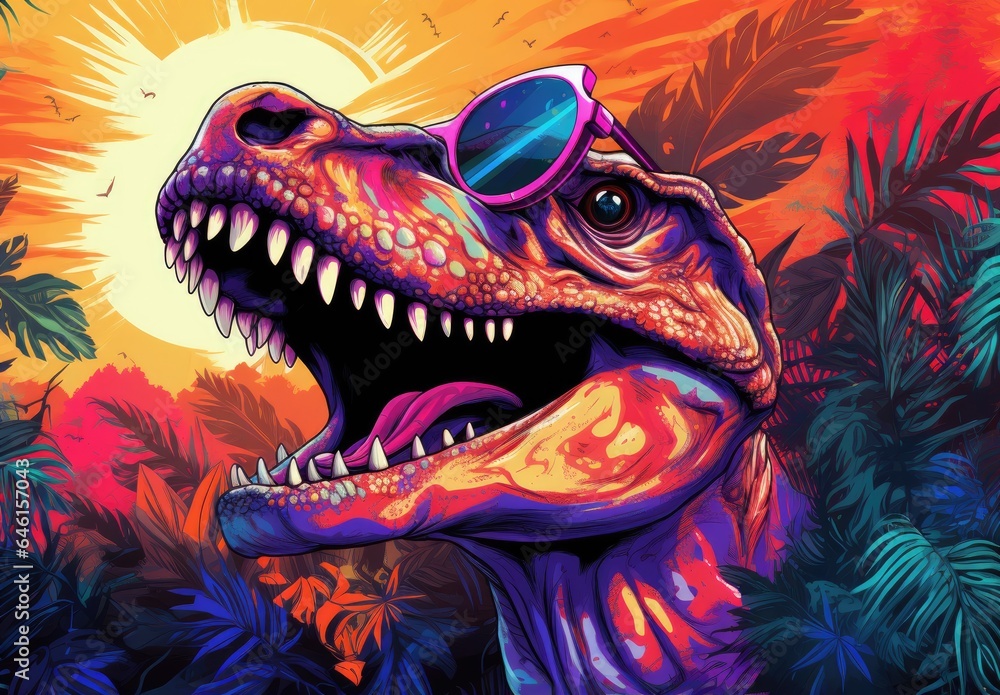 A toothy tyrannosaurus rex with glasses is painted. Close portrait of a stern T-Rex monster. Funny fashion prehistoric lizard. Digital art. Printable design for t-shirt, bag, postcard, case, etc. A toothy tyrannosaurus rex with glasses is painted. Close portrait of a stern T-Rex monster. Funny fashion prehistoric lizard. Digital art. Printable design for t-shirt, bag, postcard, case, etc.