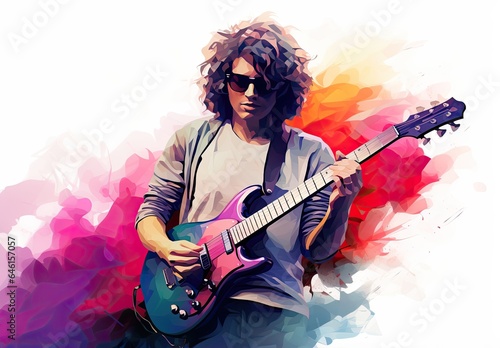 Half of the body of a musician playing a guitar. Rock singer on stage in the style of a watercolor drawing. Illustration for cover, card, postcard, interior design or print.