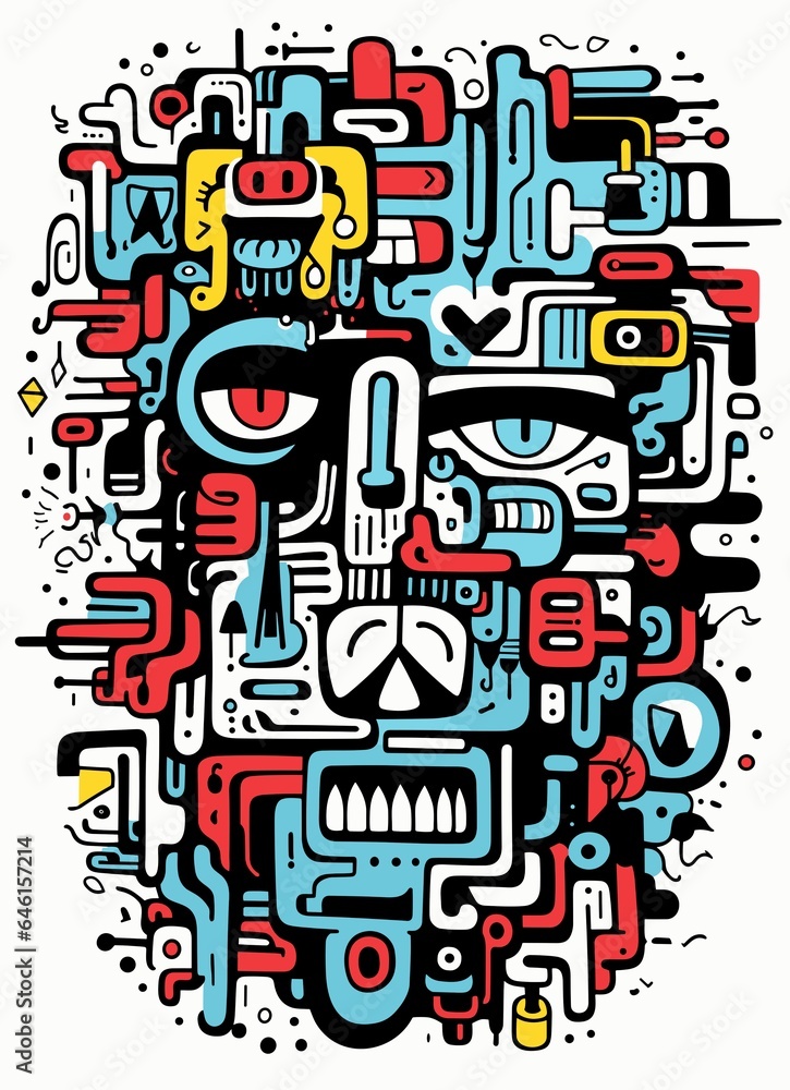 A colorful painting of a cartoon character with a face and a face with a face on it. A colorful painting of a cartoon character with a face and a face with a face on it.