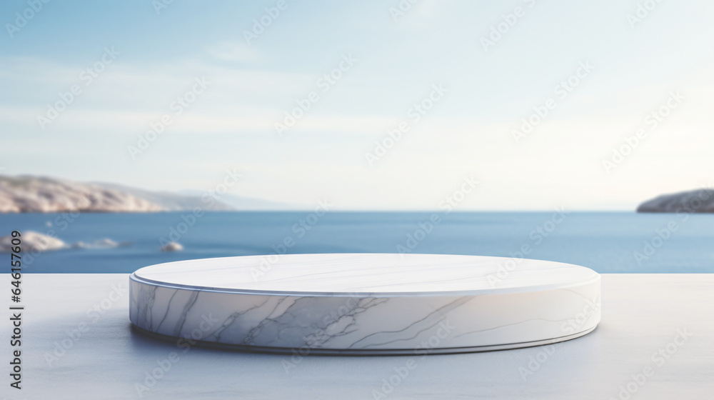 Round silver marble platform on ocean sunset background