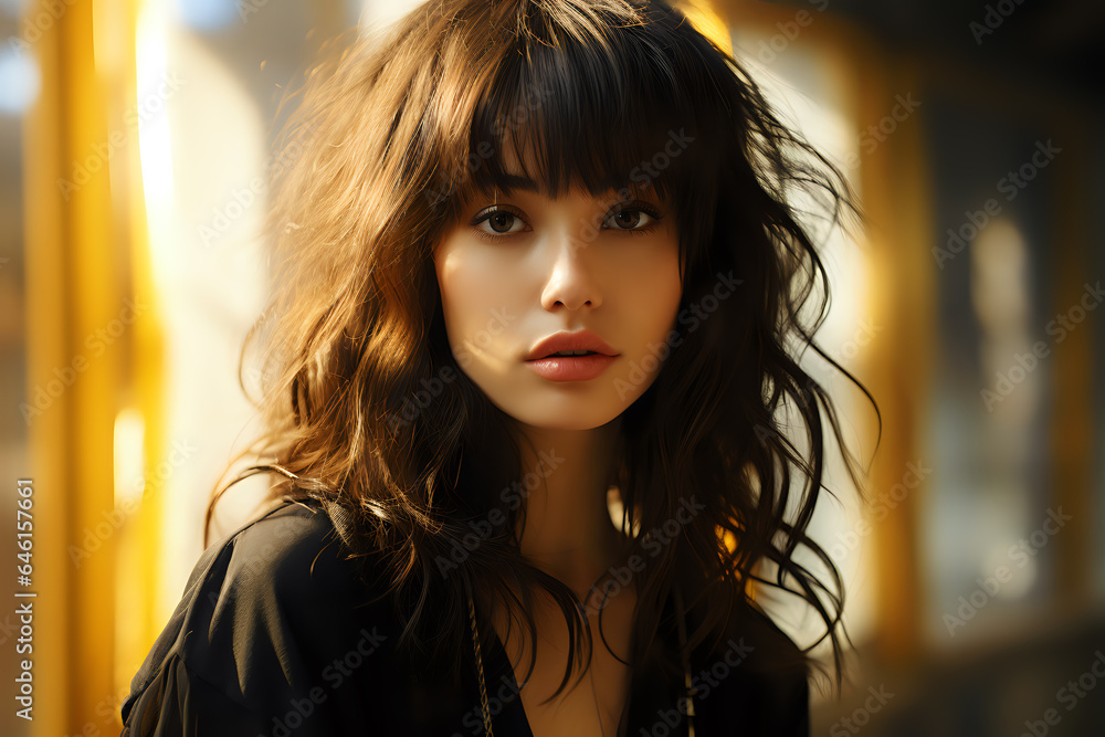 portrait of a dark-haired girl with beautiful wavy hair styling portrait of a dark-haired girl with beautiful wavy hair styling