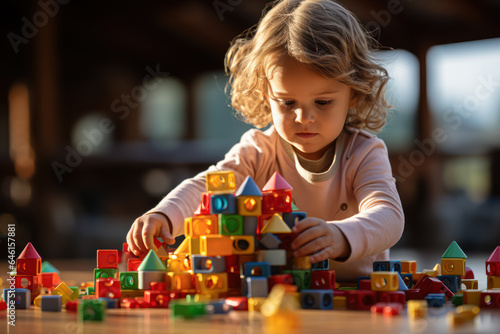 A child playing with building blocks, illustrating cognitive and motor development. Generative Ai.