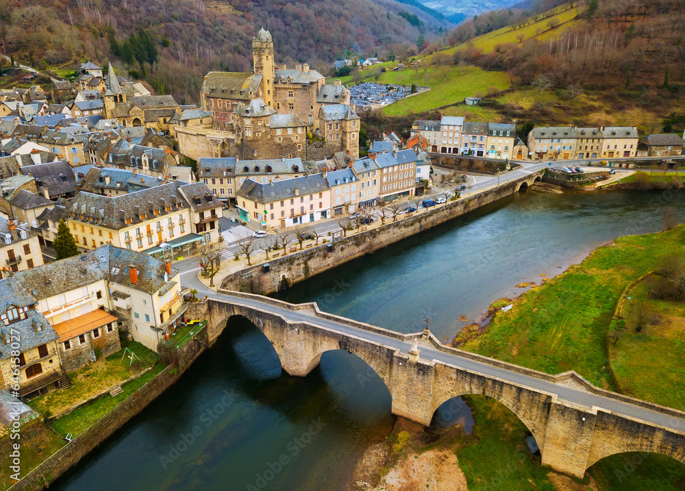 Day view of stone houses of medieval town Estaing in France