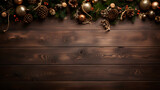 Christmas background. Wooden table top, elegantly framed with an intricate composition of Christmas decorations and accessories girdling the edges. 