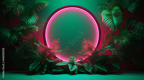 Purple circle neon light on green tropical jungle floral background