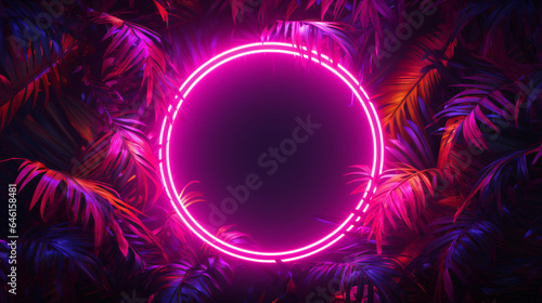 Pink circles neon light, tropical jungle floral background