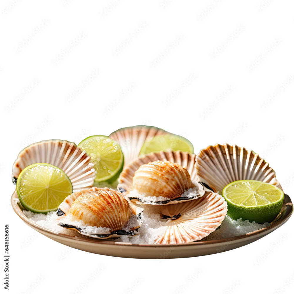 Close up of lime covered scallops with shells on a transparent background Close up of lime covered scallops with shells on a transparent background