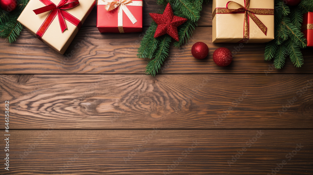 Fototapeta premium Christmas gifts on a rustic wood background with copyspace, top down view, flat, sales shopping offer