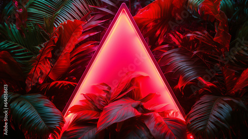 Red triangle neon light, tropical jungle floral background