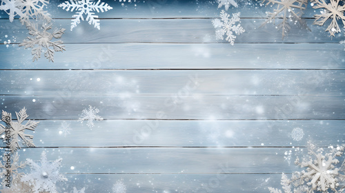 Christmas background. Wooden table top, elegantly framed with an intricate composition of Christmas decorations and accessories girdling the edges. 