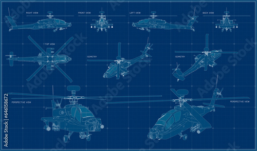 American twin-turboshaft attack helicopter. Helicopter us army. Blueprint with projections. Scale model.