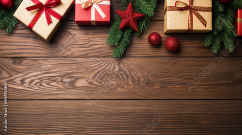 Christmas gifts on a rustic wood background with copyspace, top down view, flat, sales shopping offer