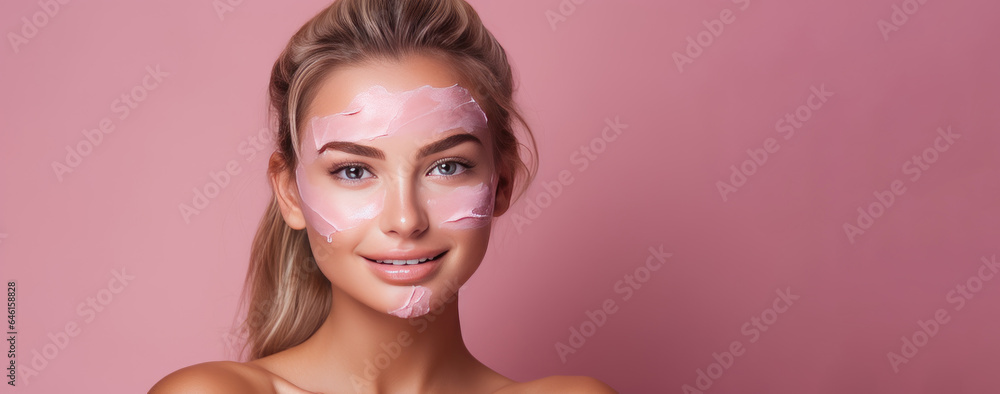 Beautiful young girl with pink cosmetic face mask, pink banner. Generative AI