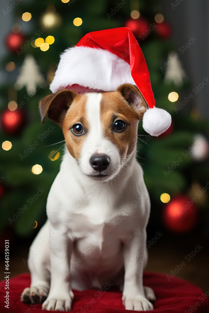 Cute Jack Russell dog with Santa Claus hat. Cute Jack Russell dog with Santa Claus hat.