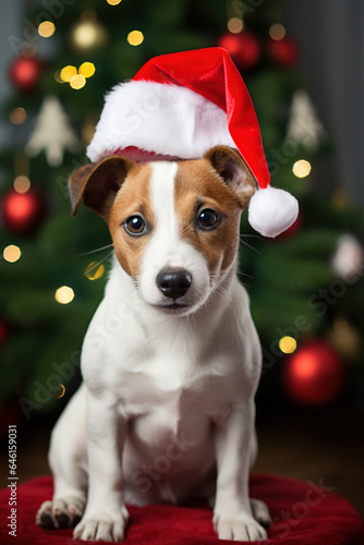 Cute Jack Russell dog with Santa Claus hat. © britaseifert
