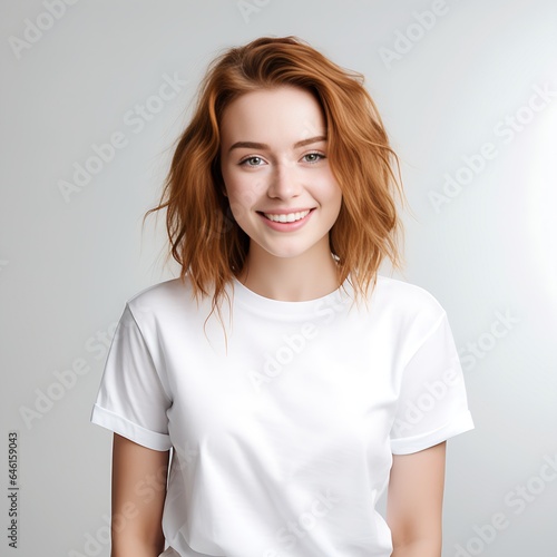 Redhead female model smiling and wearing a stylish white t shirt