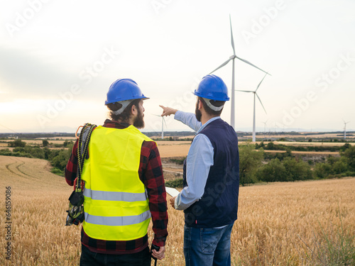 Two technical workers with their backs turned watching and pointing in a field of wind turbines. Renewable energy