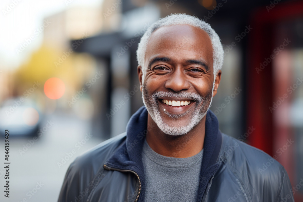 Fototapeta premium Senior african american man with gray hair smiling towards camera outdoors. portrait. High quality photo