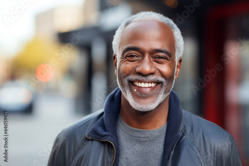 Senior african american man with gray hair smiling towards camera outdoors. portrait. High quality photo