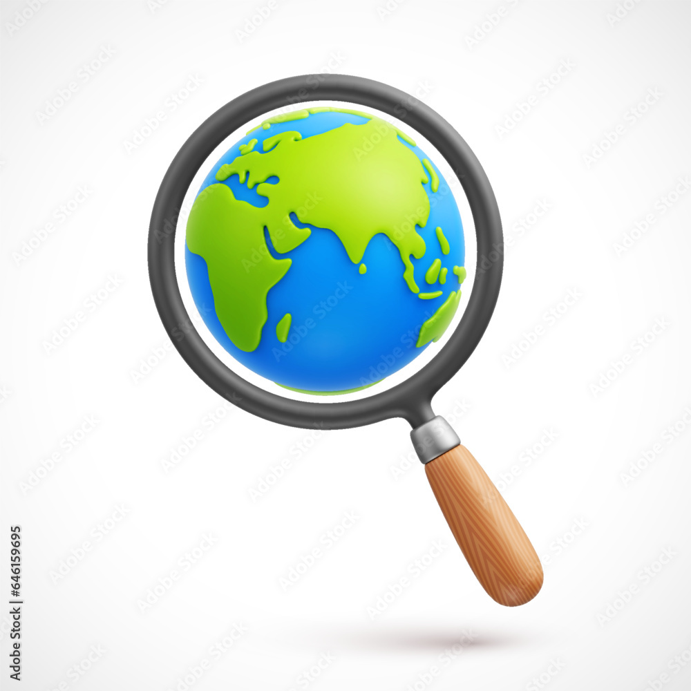 Cartoon magnifying glass with planet Earth 3d vector icon. Research the planet. Exploring the world and global search concept. Vector illustration Cartoon magnifying glass with planet Earth 3d vector icon. Research the planet. Exploring the world and global search concept. Vector illustration