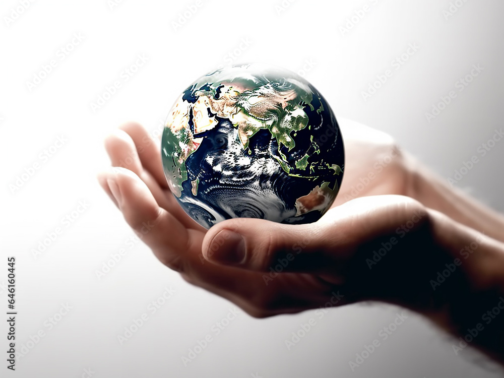 Planet earth in human palm. Generative AI Planet earth in human palm. Generative AI