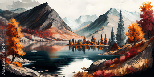 A painted autumn mountain forest landscape  including mountains  forest and a lake  on an isolated background. Generative AI