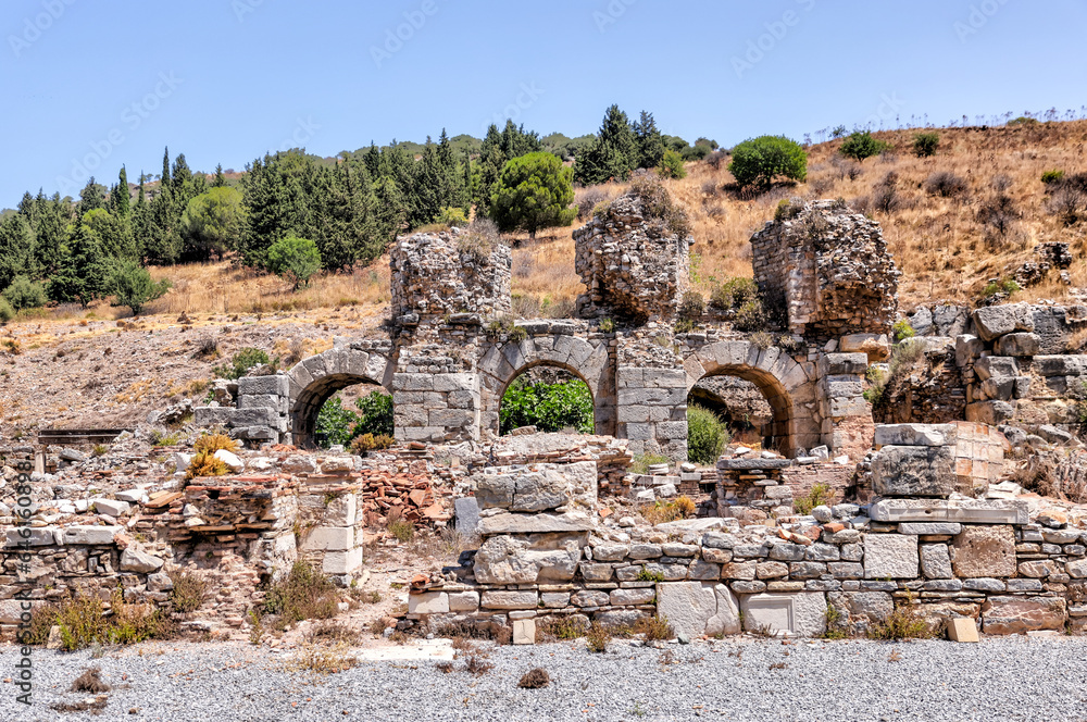 Ephesus, Turkey - July 24, 2023: Sights and architectural details of the ruins at Ephesus Turkey
