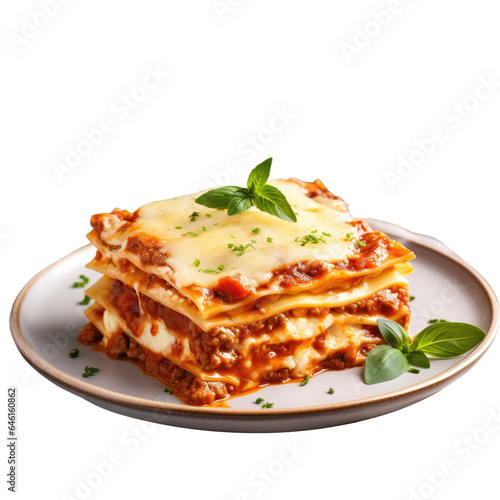 Close up of hot and tasty lasagna on an elegant restaurant plate isolated on a transparent background