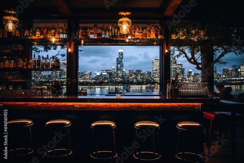 A beautiful bar in dark light with a stunning view.