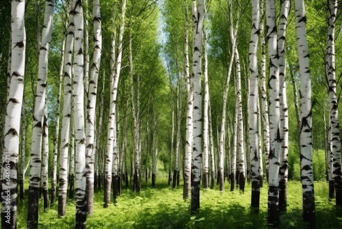 A beautiful birch forest with many white tree trunks.