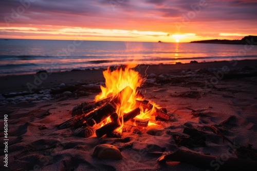 A campfire at a beach at sunset.