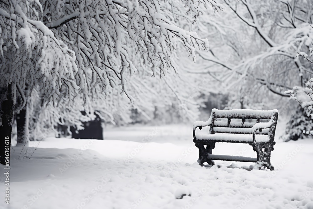 A lonely bench in a calm winter landscape.