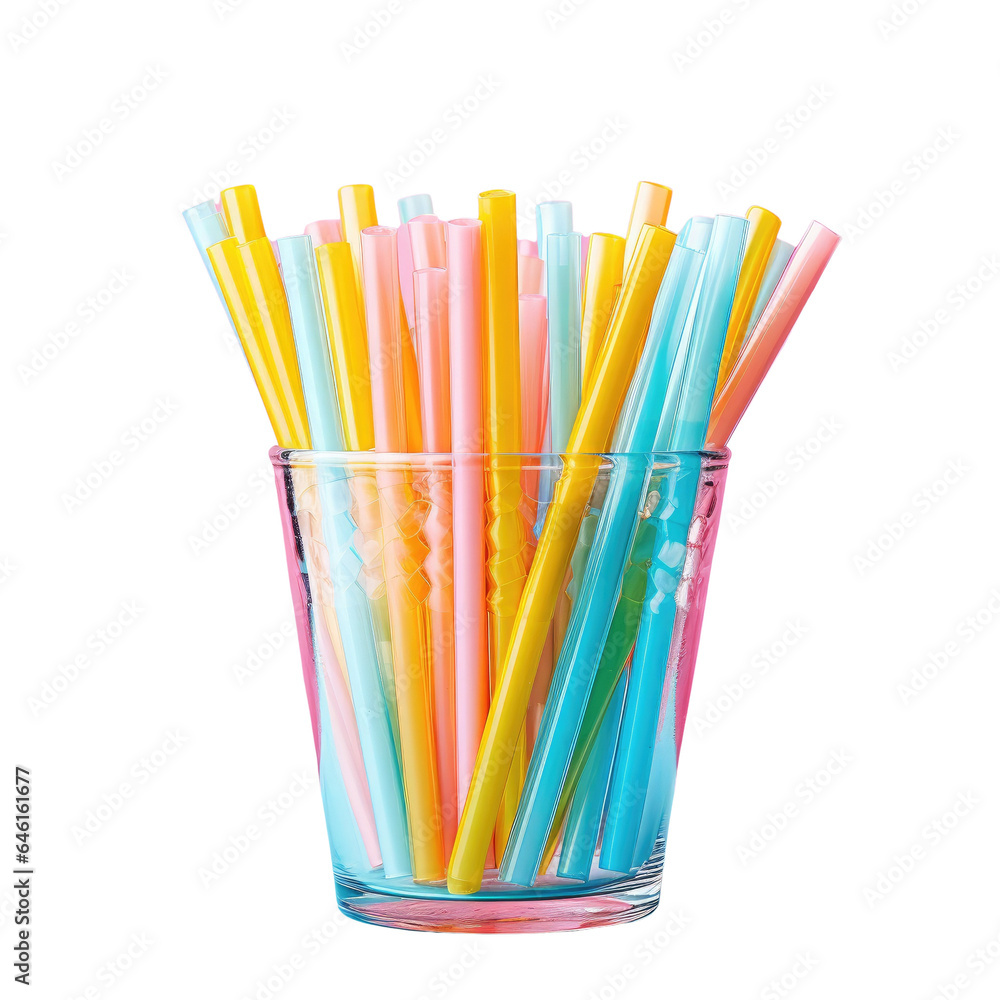 Plastic recycling concept depicted by blue glasses paper napkins and multicolored straws on a transparent background Plastic recycling concept depicted by blue glasses paper napkins and multicolored straws on a transparent background