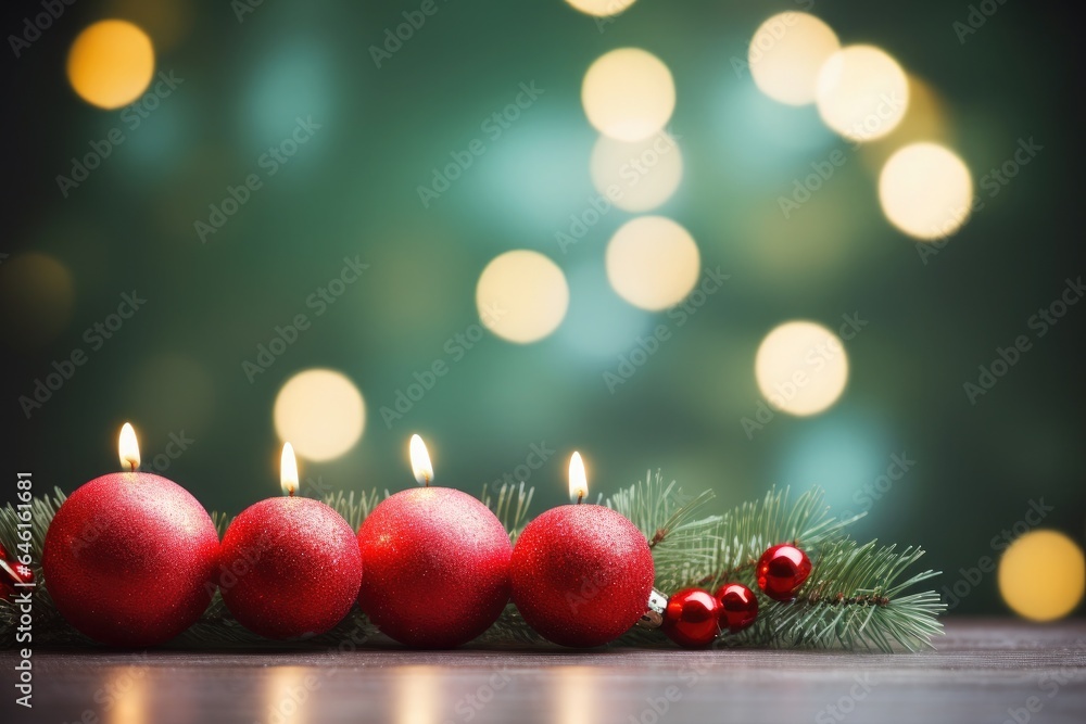 Beautiful greeting card with red candles and red Christmas balls in the foreground, green bokeh in the background, Christmas or New Year decoration. Beautiful greeting card with red candles and red Christmas balls in the foreground, green bokeh in the background, Christmas or New Year decoration.