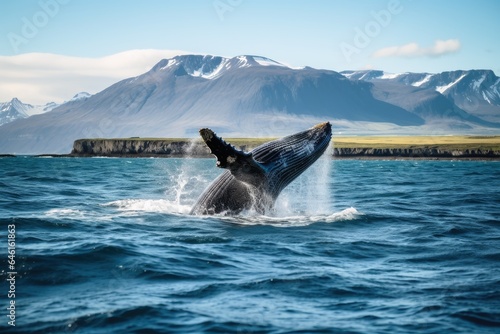 A big whale jumping half out of the water.