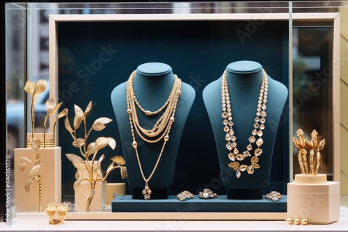 A window of a jewelry store with valuable pieces. photo
