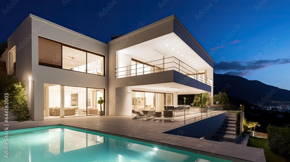 Modern Real Estate Exterior Architecture of Luxury Home in Beautiful Villa, generative ai