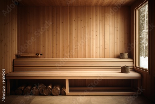 An empty wooden sauna in warm tones. photo
