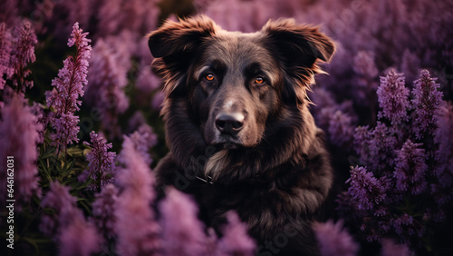 Dog in a blooming garden on a background of flowers.