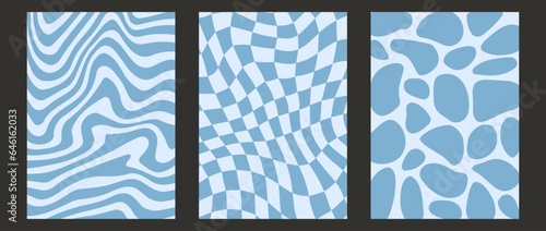 Retro distorted checkered, blob and wave background set. Blue trippy psychedelic pool wallpaper pack. Wavy groovy checkerboard water surface. Abstract twisted pattern collection Vector backdrop bundle