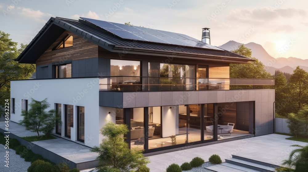 Solar Panels on the Roof of a Beautiful Modern Home, generative ai
