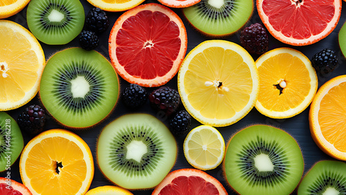 Sliced fresh fruits are placed throughout the background, on a white background  