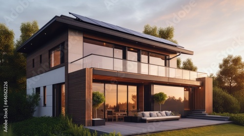 Solar Panels on the Roof of a Beautiful Modern Home, generative ai © 3D Station