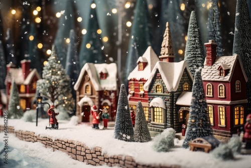 Low angle view of a vintage look christmas village on holiday with snow falling.