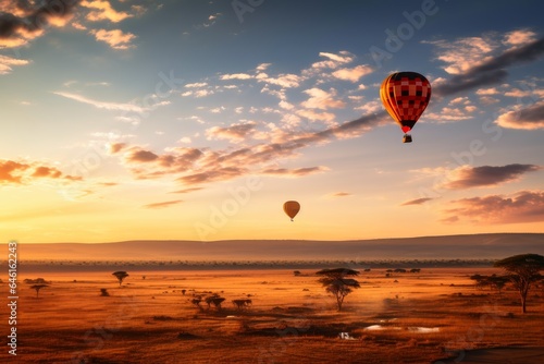 Hot air balloons over the African savannah.